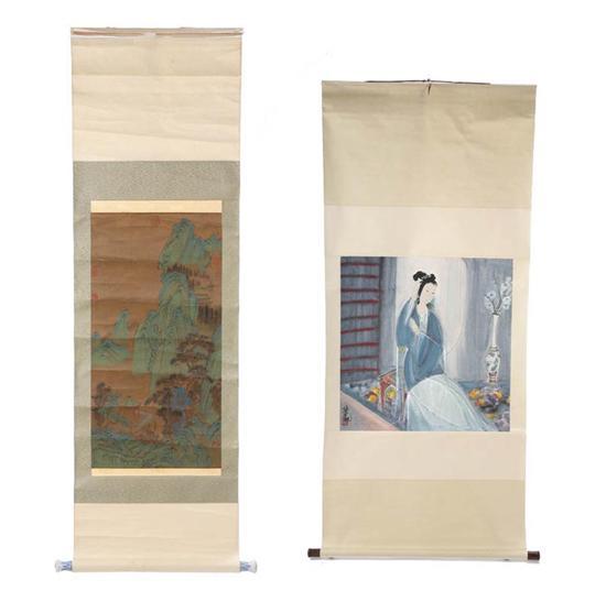 Appraisal: TWO SCROLL PAINTINGS Asian watercolor on silk Nineteenth century landscape