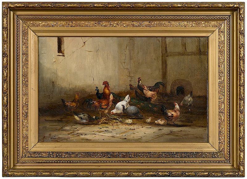 Appraisal: Claude Guilleminet French Farmyard with Guinea Fowl Peacock Chickens and