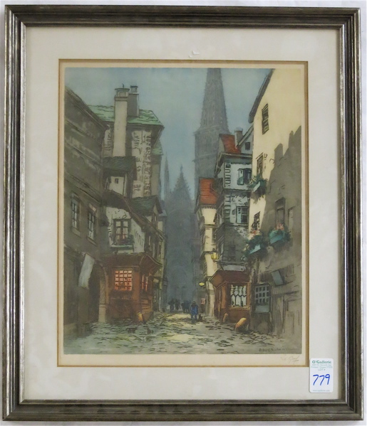 Appraisal: HAND COLORED FRENCH ETCHING with a cobble stone street scene