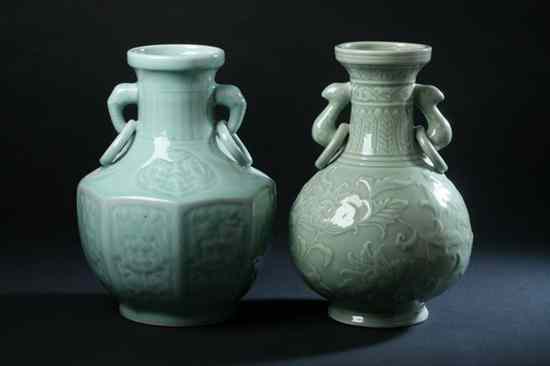 Appraisal: TWO CHINESE CELADON PORCELAIN VASES th century Each molded with