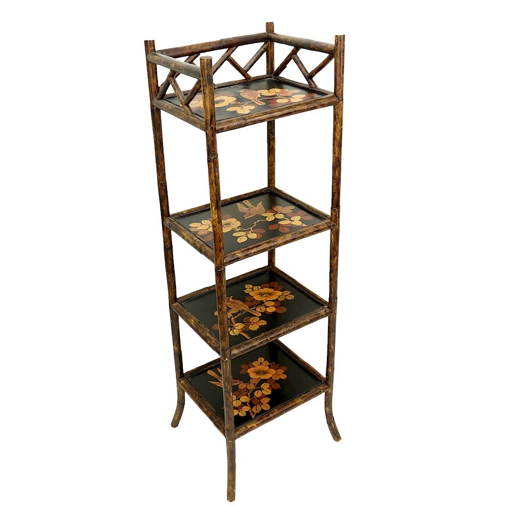 Appraisal: Chinese Etagere Vintage Chinese Bamboo Tiered Hand Painted Etagere Bird