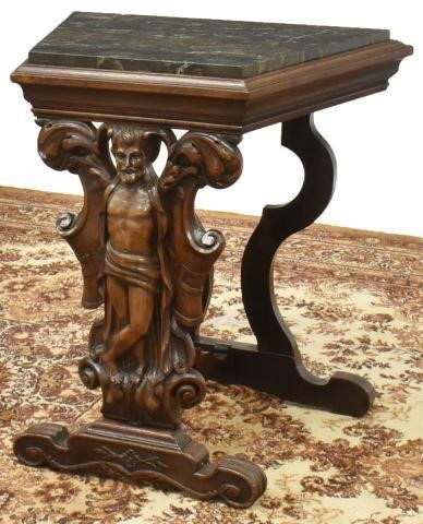 Appraisal: Diminutive Italian marble-top walnut table carved front support with male