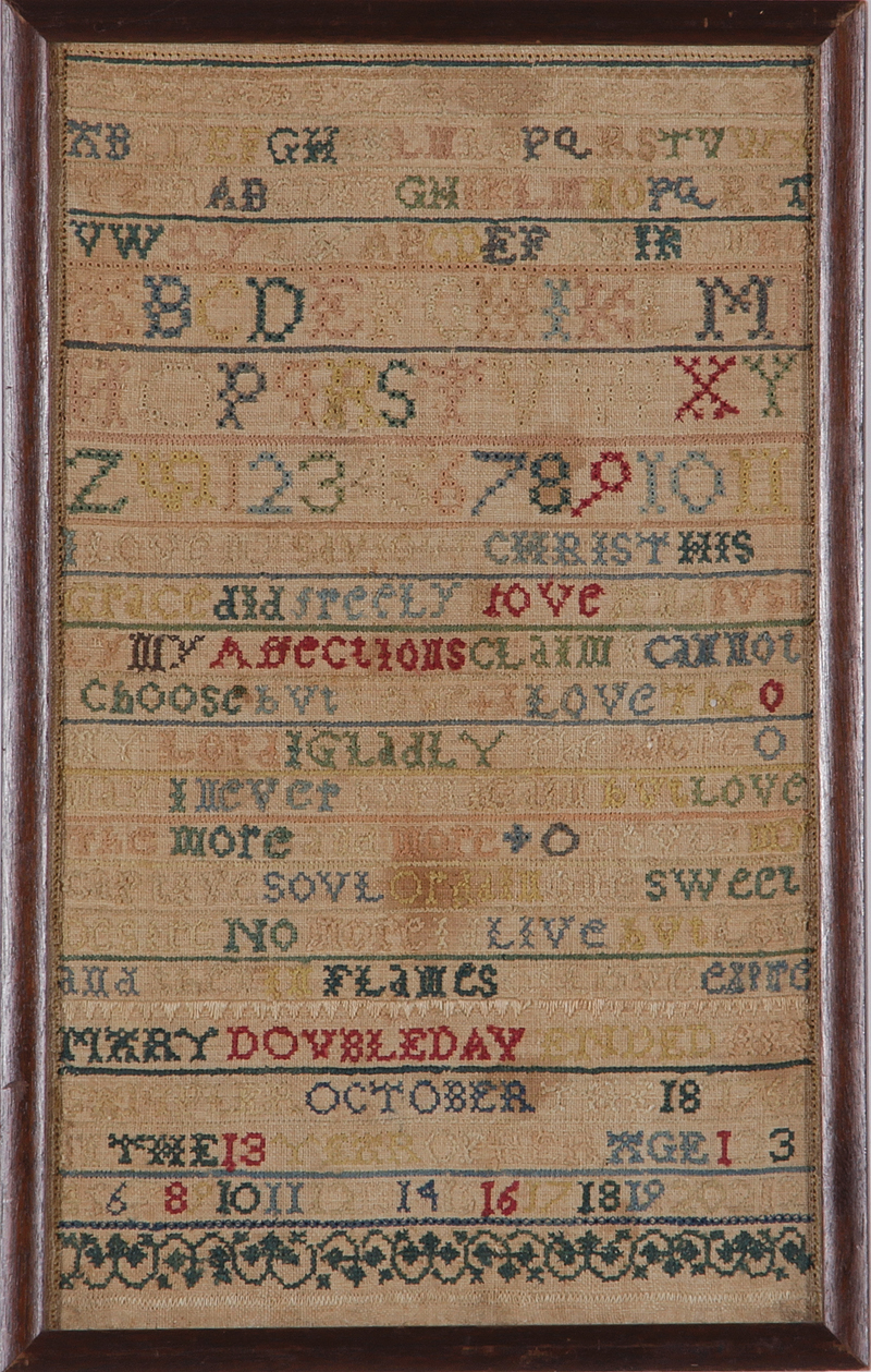 Appraisal: Early English needlework sampler Mary Doubleday dated October alphabet bands