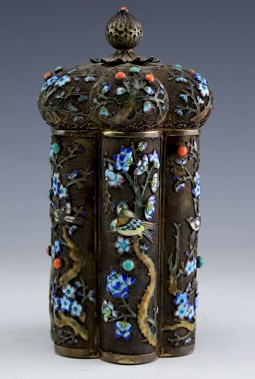 Appraisal: Chinese Export Silver Jeweled Enamel Box Tea Caddy Vintage Chinese