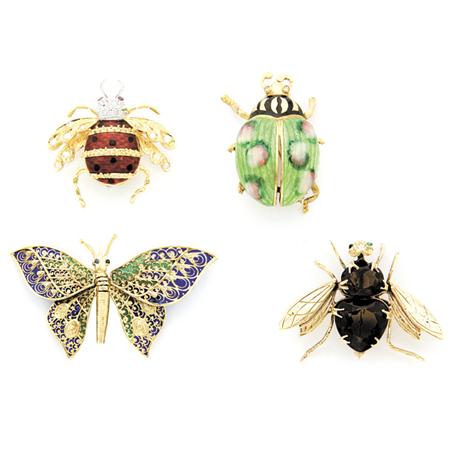 Appraisal: Group of Gold Enamel Gem-Set and Diamond Bug Brooches Estimate