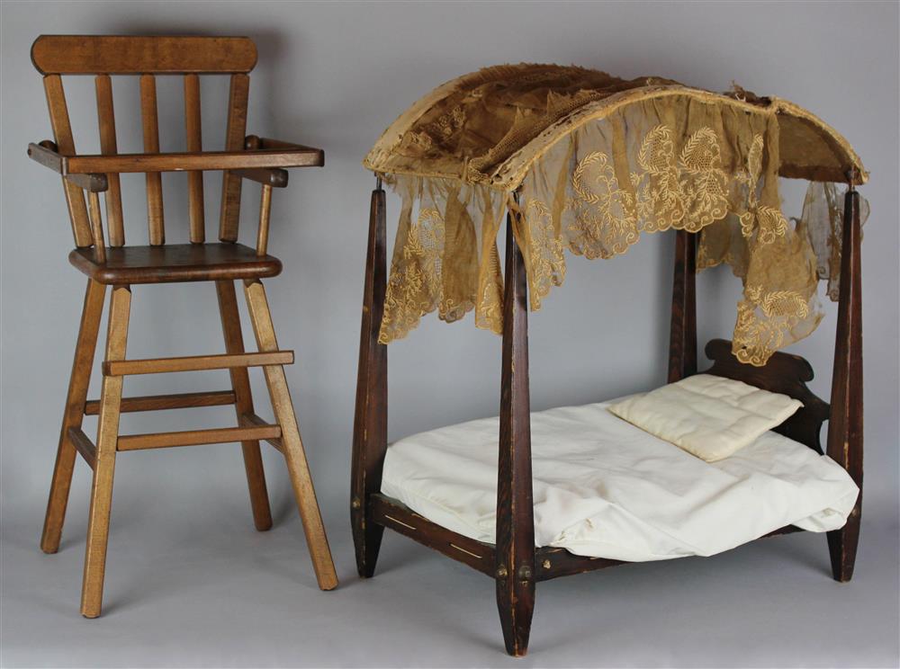 Appraisal: DOLL'S BOWED CANOPY BED TOGETHER WITH A DOLL'S HIGHCHAIR sheer