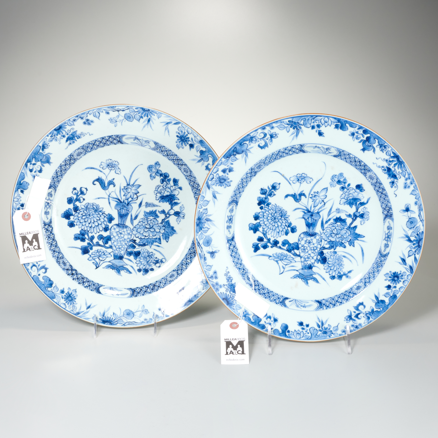 Appraisal: PAIR CHINESE BLUE WHITE CHARGERS Qing Dynasty th c blue