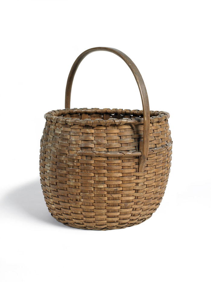 Appraisal: NEW ENGLAND WOVEN SPLINT BARREL-FORM BASKET WITH STATIONARY HANDLE AND