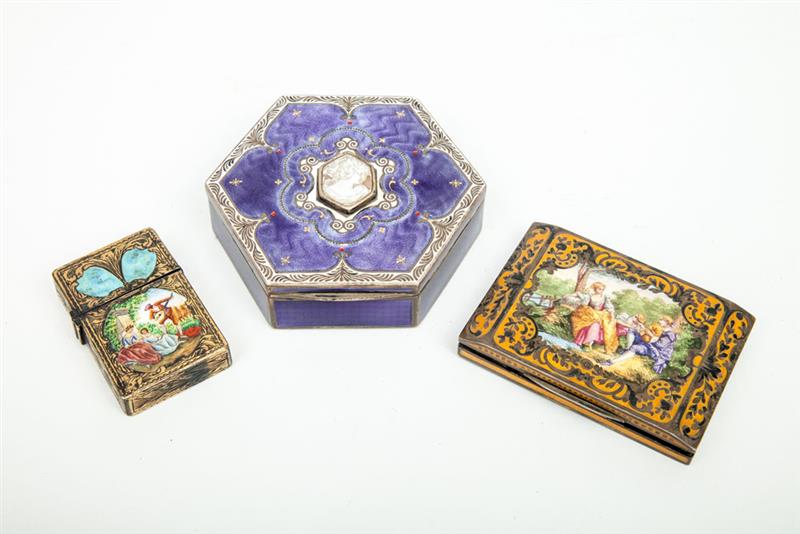 Appraisal: Two Austrian Enamel-Mounted Silver Boxes and a Match Safe in