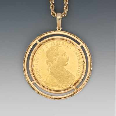 Appraisal: A Austro Hungarian Gold Coin Necklace k yellow gold pendant