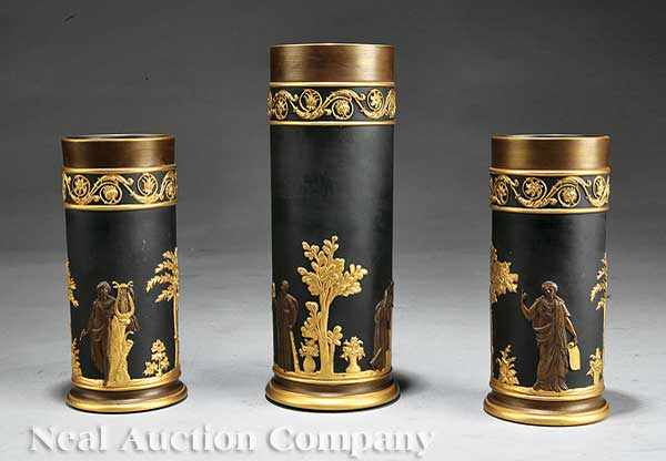 Appraisal: A Group of Three Wedgwood Bronzed Basalt Spill Vases c