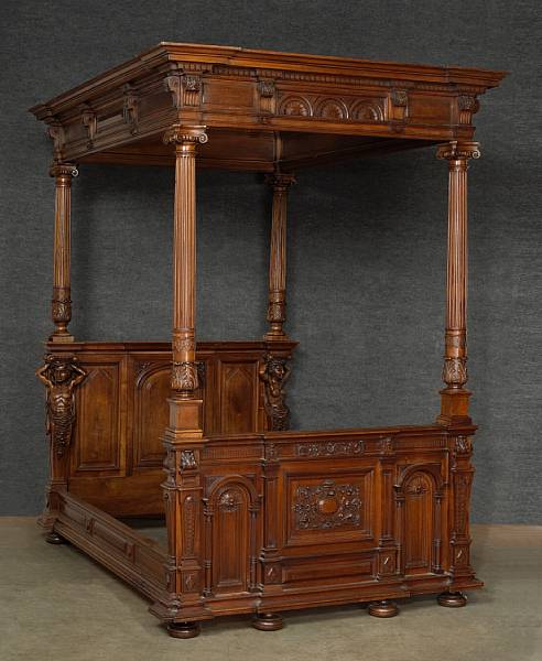 Appraisal: A Renaissance style walnut bed late th century Paneled and