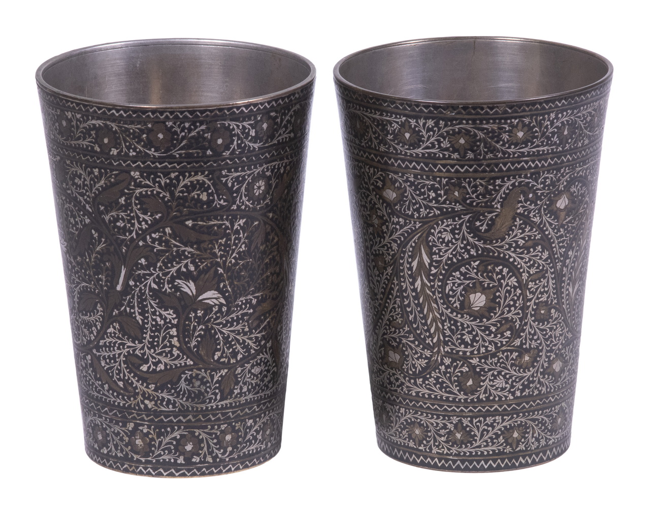 Appraisal: PR INDO-PERSIAN KASHMIR SILVER BEAKERS Pair of Finely Worked Silver