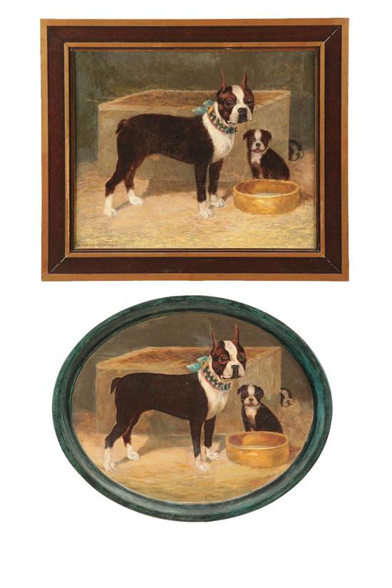 Appraisal: BOSTON TERRIER PAINTING AND TRAY Oil on canvas signed ''Harry