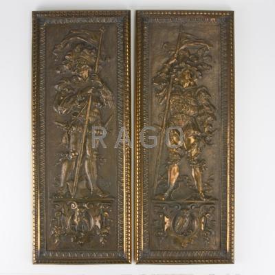 Appraisal: PAIR OF BRONZE PLAQUES Men in doublets holding swords and