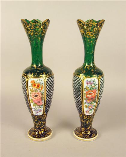 Appraisal: Pair of French enameled and gilded green glass vases late