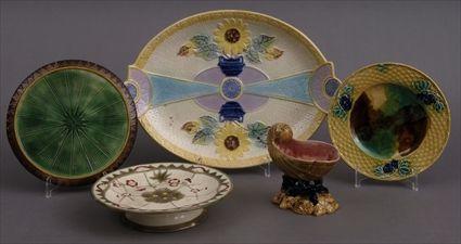 Appraisal: FIVE MAJOLICA TABLE ARTICLES Including a Wedgwood stand decorated with