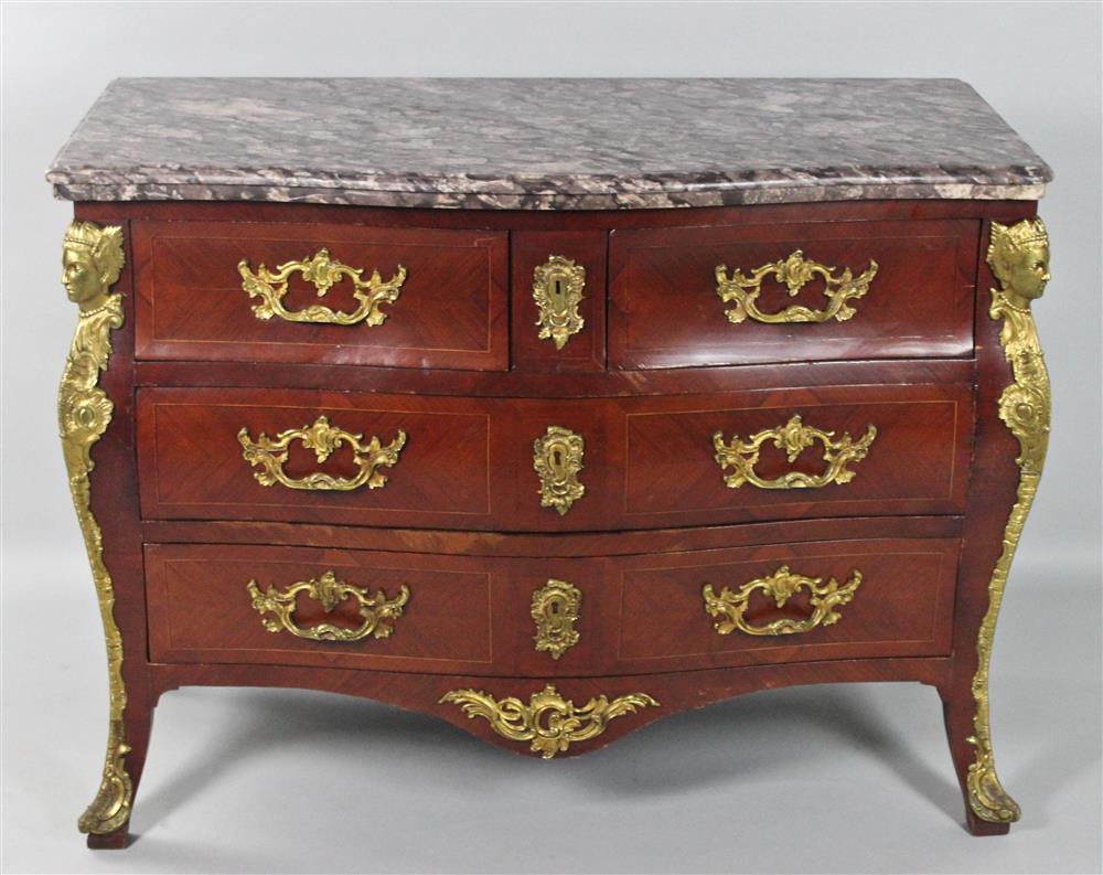 Appraisal: LOUIS XV STYLE MARBLE TOPPED BOMBE COMMODE WITH ORMOLU MOUNTS