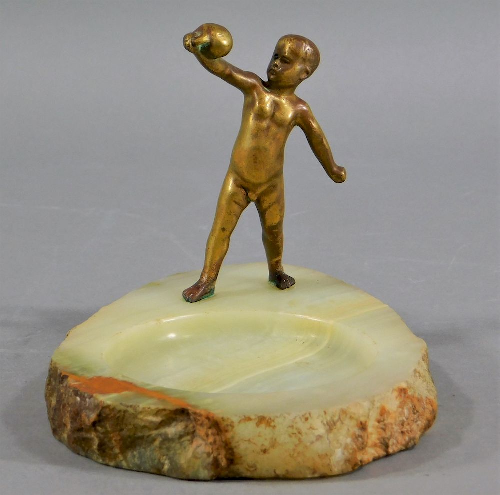 Appraisal: German Art Deco Bronze Boy Onyx Desk Tray Germany Early