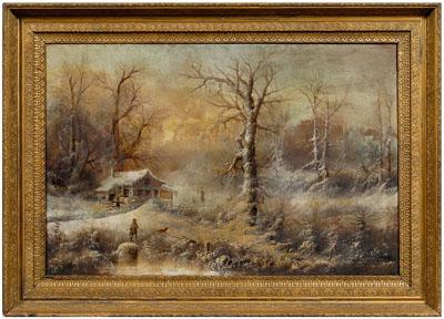 Appraisal: Painting signed G Holthaus hunters outside a cabin in a