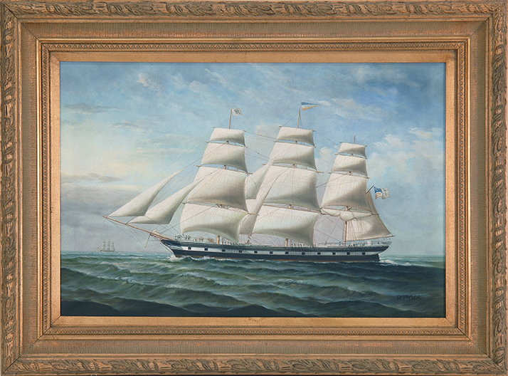 Appraisal: FRAMED PRINT UNTRACED ARTIST th Century Clipper ship flying the