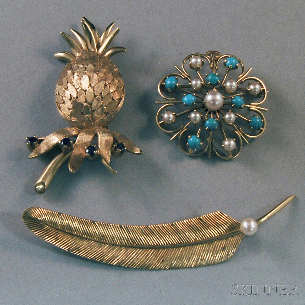 Appraisal: Three Gold Gem-set Brooches a kt gold feather pin with