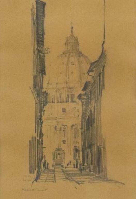 Appraisal: Framed graphite drawing on paper Church Dome with Tram Tracks