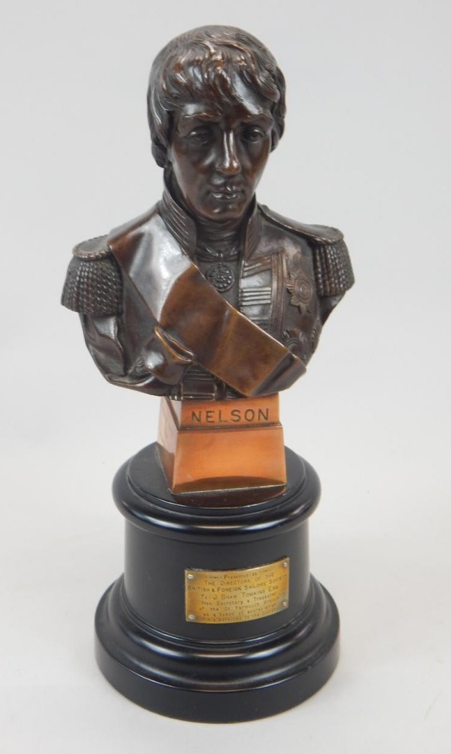 Appraisal: A bronze coloured metal and copper bust of Admiral Lord