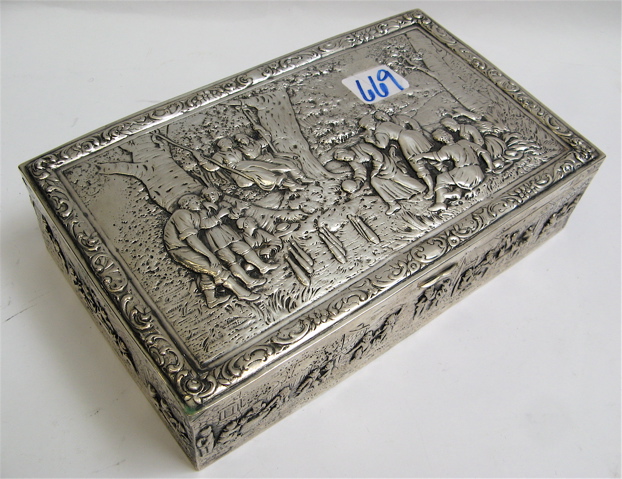 Appraisal: GERMAN FINE SILVER TREASURE BOX Troy ozs repousse scenes decorate