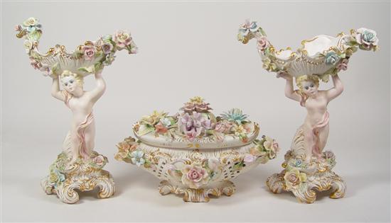 Appraisal: Majolica Style Tureen Compotes x tureen scrolled with cutout lattice