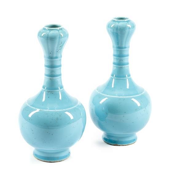 Appraisal: A Pair of Chinese Celeste Bleu Glazed Porcelain Vases Height