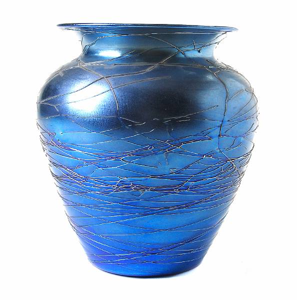 Appraisal: A Durand iridescent glass vase with applied thread decoration early