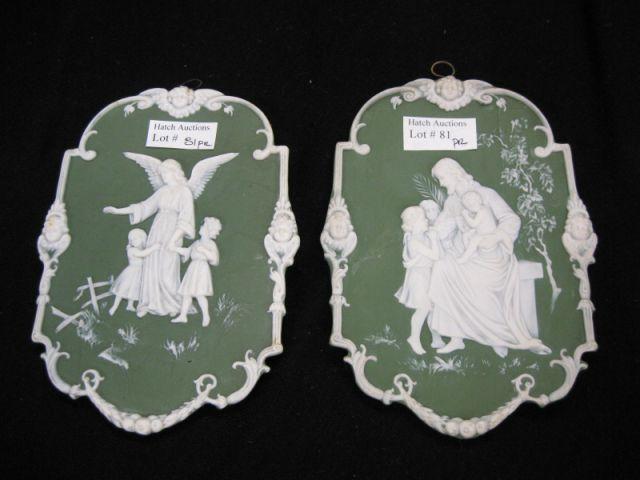 Appraisal: Pair of German Jasperware Plaques religious scenes angel trim green