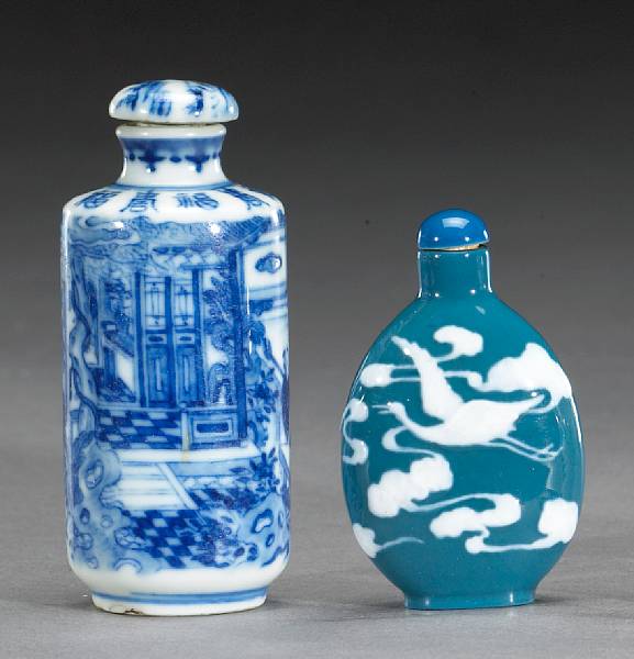 Appraisal: Two porcelain snuff bottles The first painted in underglaze blue