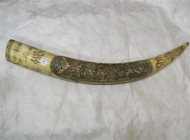 Appraisal: CHINESE CARVED AND ETCHED BONE 'TUSK' with centralized relief-carved pictorial