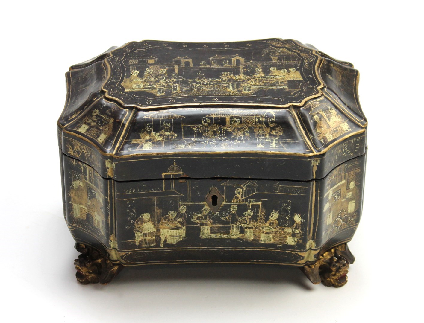 Appraisal: A th century black lacquer chinoiserie decorated tea caddy of