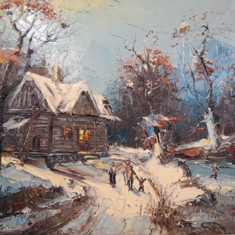 Appraisal: Lazslo Kohanecz oil winter scene with cabin and figures skates