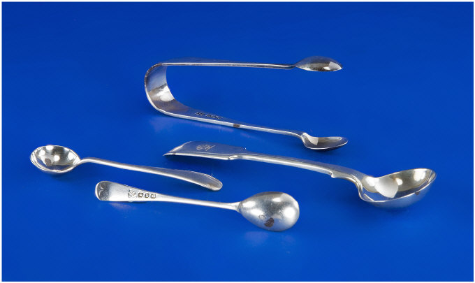 Appraisal: Collection of Silver Items Comprising Sugar tongs mustard spoons and