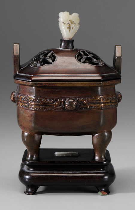 Appraisal: Bronze Censer Chinese th century octagonal with upright handles archaic