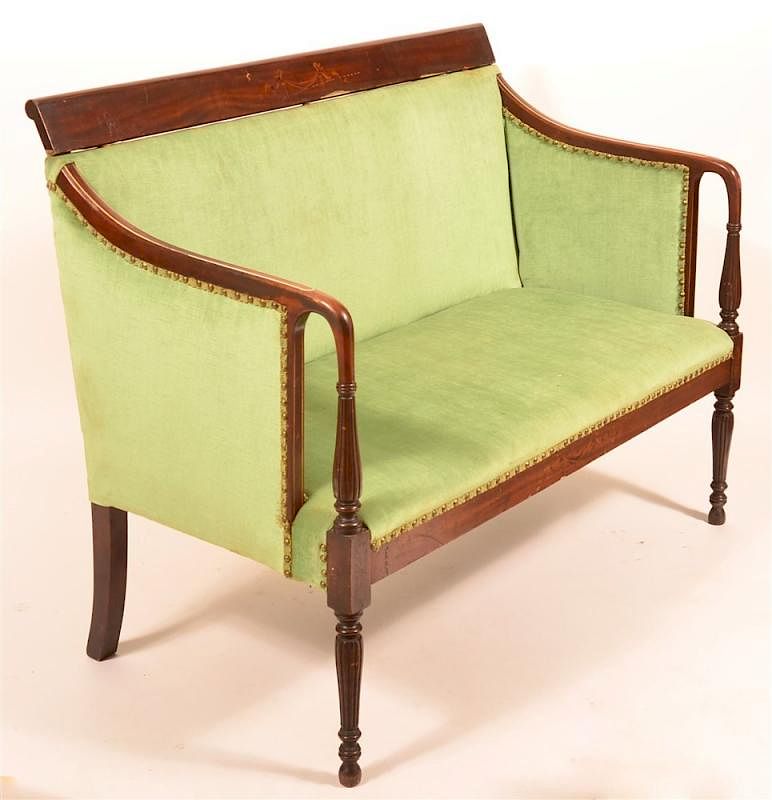 Appraisal: American Sheraton Inlaid Mahogany Settee American Sheraton Inlaid Mahogany Frame