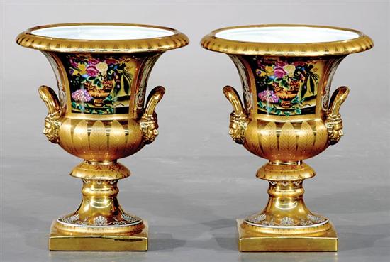 Appraisal: Pair Sevres style gilt and floral porcelain jardinieres flared rim