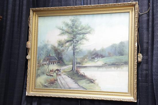 Appraisal: COUNTRY LANDSCAPE PAINTING Oil on canvas unsigned Naive image of