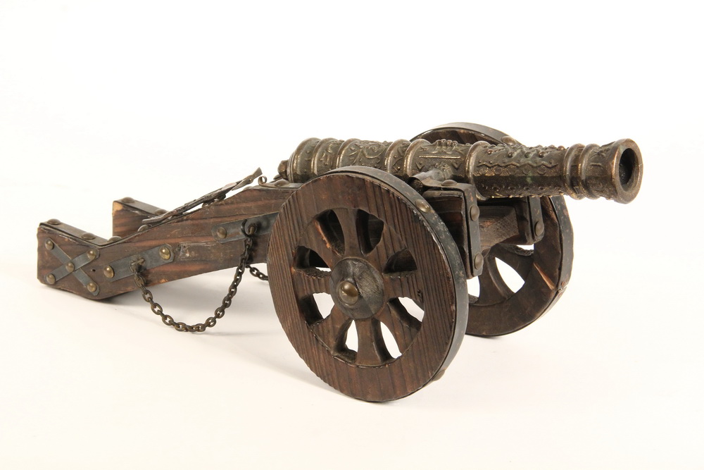 Appraisal: SPANISH CANNON MODEL - Cast Brass Tin and Wood Model