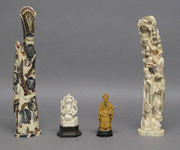 Appraisal: A group of Asian four ivory carvings One tinted depicting