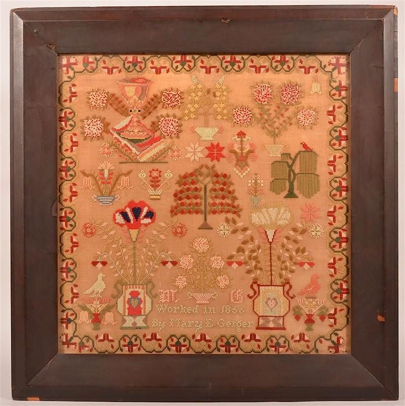 Appraisal: Large Framed Victorian Yarn Work Sampler Large Framed Victorian Yarn