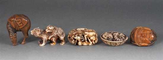 Appraisal: Five Japanese carved ivory netsukes figures include bears zodiac animals