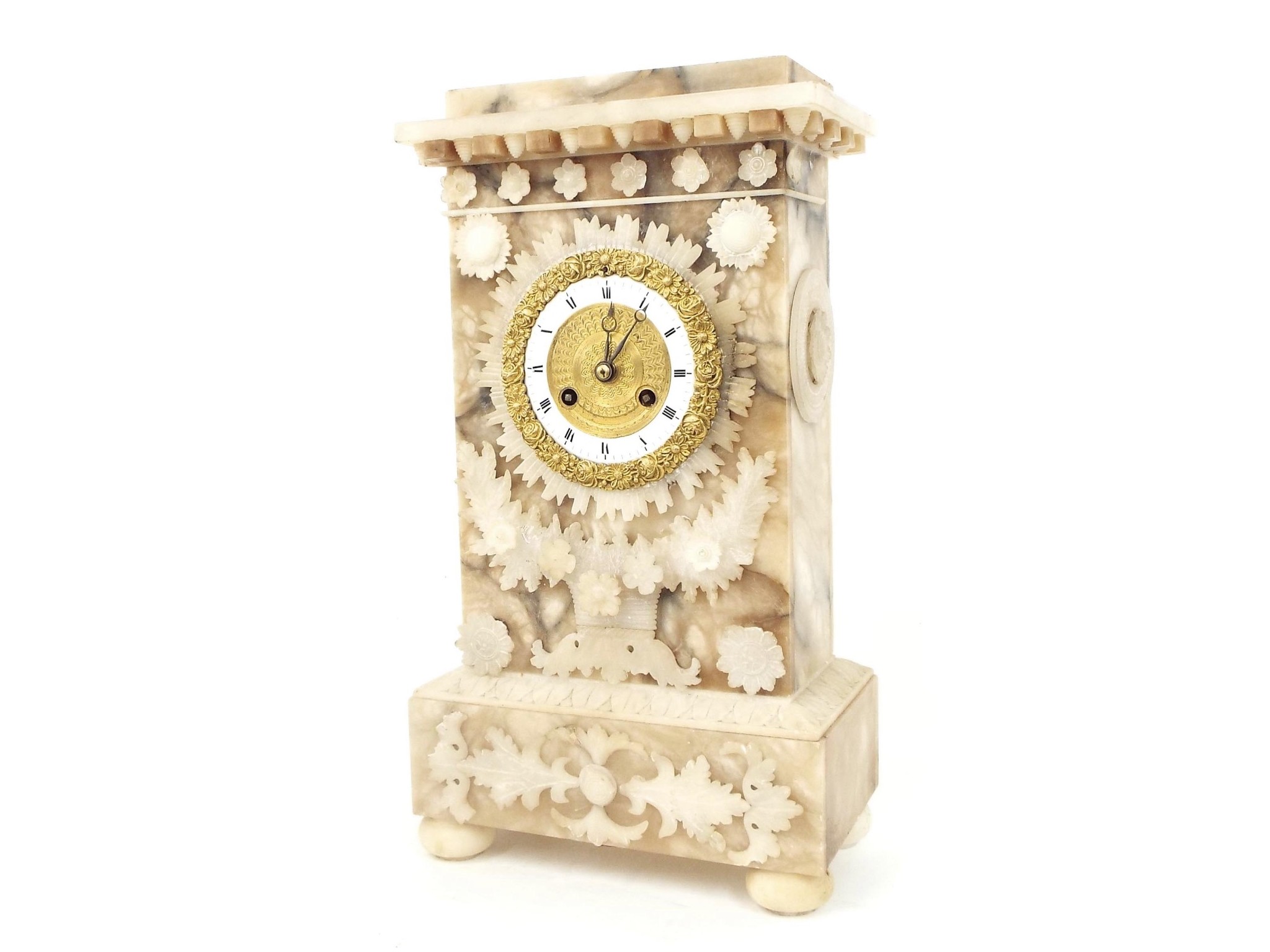 Appraisal: White onyx and alabaster two train mantel clock the movement