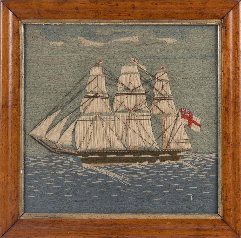 Appraisal: ENGLISH WOOLWORK PICTURE OF A THREE-MASTED SHIP TH CENTURY X