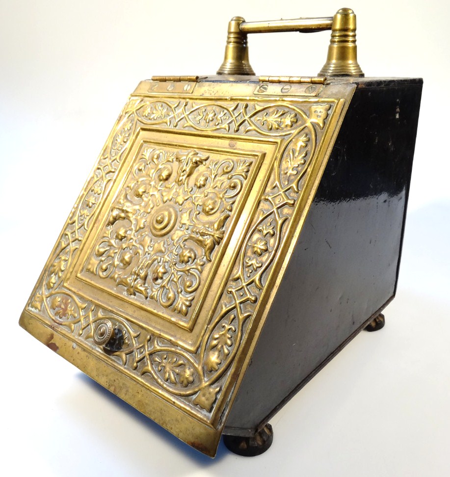 Appraisal: An early thC brass and painted metal coal box of