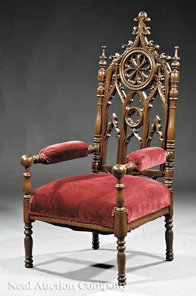 Appraisal: An American Gothic Carved Walnut Armchair early th c probably